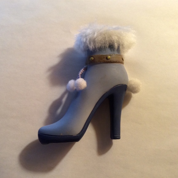 Miniature High Heel Pale Blue Boot With White Faux Fur Trim and PomPoms - Picture 1 of 6
